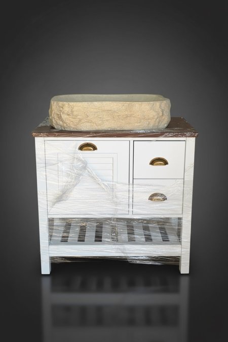 خزانة خشب أبيض بحوض حجري طبيعي